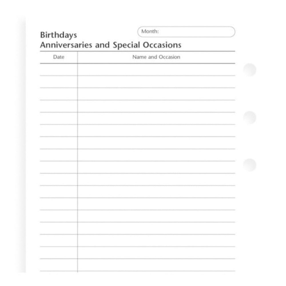 Filofax Pocket Birthdays Anniversaries Refill