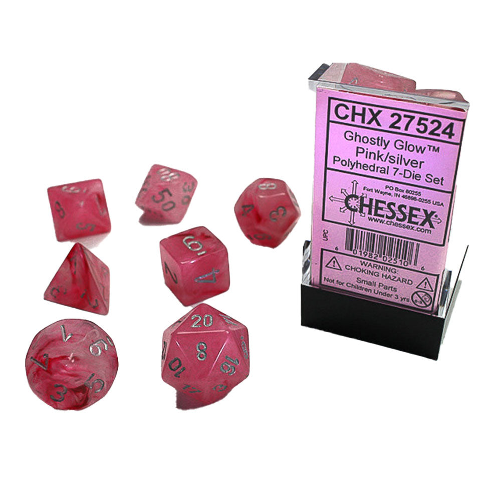 Ghostly Glow Chessex Polyhedral 7-Die Set (Pink/Silver)